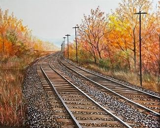 *Original* Art Herbert Weintraub Train Tracks Painting 15x17.75in (frame)