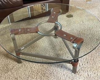Leather Strap Iron & Glass coffee table 17in H x 38in Diameter HxWxD