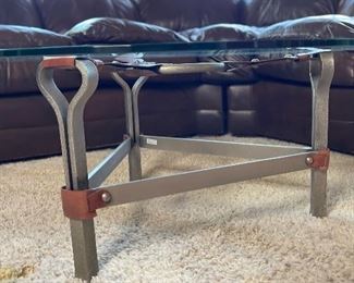Leather Strap Iron & Glass coffee table 17in H x 38in Diameter HxWxD