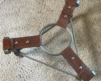 Leather Strap Iron & Glass coffee table 17in H x 38in Diameter HxWxD