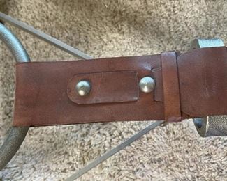 Leather Strap Iron & Glass coffee table 17in H x 38in Diameter HxWxD