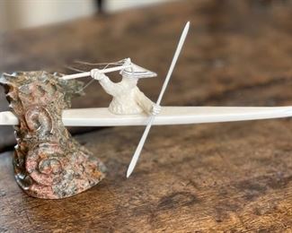 eskimo-Aleut hunter sculpture Ivory and Soapstone Michael Mandregan 4.5x9x3in HxWxD