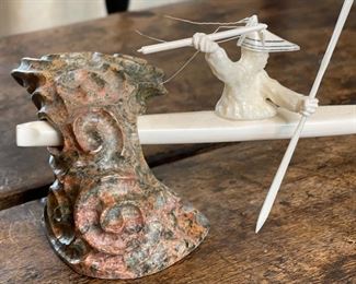 eskimo-Aleut hunter sculpture Ivory and Soapstone Michael Mandregan 4.5x9x3in HxWxD