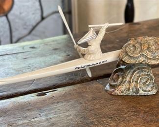 eskimo-Aleut hunter sculpture Ivory and Soapstone Michael Mandregan 4.5x9x3in HxWxD