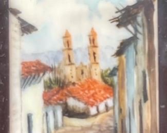 *Original* Set of 7 Jesus Ruiz Mejia Hand Painted Tiny Ivory Tiles Frame: 4.75x4.5in Artwork: 1.25x1in HxWxD