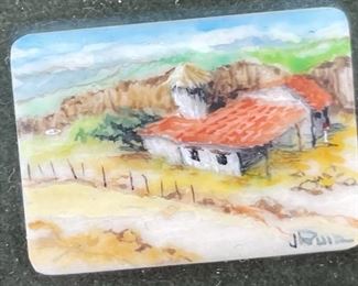 *Original* Set of 7 Jesus Ruiz Mejia Hand Painted Tiny Ivory Tiles Frame: 4.75x4.5in Artwork: 1.25x1in HxWxD