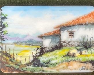 *Original* Set of 7 Jesus Ruiz Mejia Hand Painted Tiny Ivory Tiles Frame: 4.75x4.5in Artwork: 1.25x1in HxWxD