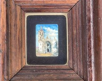 *Original* Set of 7 Jesus Ruiz Mejia Hand Painted Tiny Ivory Tiles Frame: 4.75x4.5in Artwork: 1.25x1in HxWxD