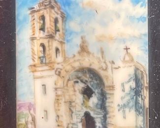 *Original* Set of 7 Jesus Ruiz Mejia Hand Painted Tiny Ivory Tiles Frame: 4.75x4.5in Artwork: 1.25x1in HxWxD