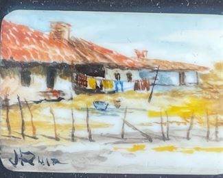 *Original* Set of 7 Jesus Ruiz Mejia Hand Painted Tiny Ivory Tiles Frame: 4.75x4.5in Artwork: 1.25x1in HxWxD