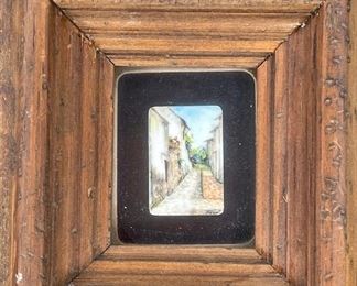 *Original* Set of 7 Jesus Ruiz Mejia Hand Painted Tiny Ivory Tiles Frame: 4.75x4.5in Artwork: 1.25x1in HxWxD