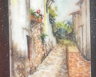 *Original* Set of 7 Jesus Ruiz Mejia Hand Painted Tiny Ivory Tiles Frame: 4.75x4.5in Artwork: 1.25x1in HxWxD