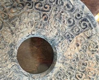 4.5in Antique Chinese Stone Coin Medallion Framed Frame: 11.75x11.75. Coin: 4.5in HxWxD