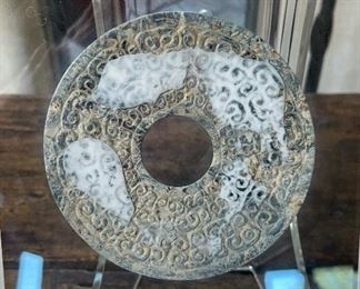 4.5in Antique Chinese Stone Coin Medallion Framed Frame: 11.75x11.75. Coin: 4.5in HxWxD