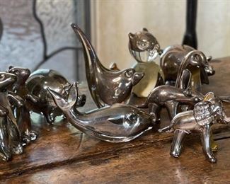 11pc Peru Sterling Silver Overlay Glass Animal Figurines largest: 3in H