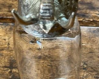 2pc Stirrup Cup Pewter & Glass PAIR Elephant & rhinoceros 5.5in H x 1.75in diameter at top