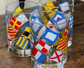 3pc Georges Briard NAUTICAL Flags Highball ROCKS Glass 4in H x 3.25in Diameter