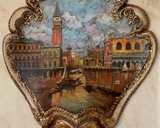 Authentic Venetian Wall Mask Hand Painted Venice Scene 22x16x4in HxWxD