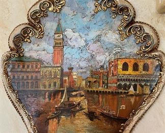 Authentic Venetian Wall Mask Hand Painted Venice Scene 22x16x4in HxWxD