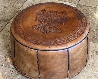Vintage Hand Tooled Saddle Leather Peruvian Pouf Ottoman Hassock with Handle 10in H x 21in diameter