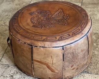Vintage Hand Tooled Saddle Leather Peruvian Pouf Ottoman Hassock with Handle 10in H x 21in diameter