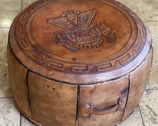 Vintage Hand Tooled Saddle Leather Peruvian Pouf Ottoman Hassock with Handle 10in H x 21in diameter