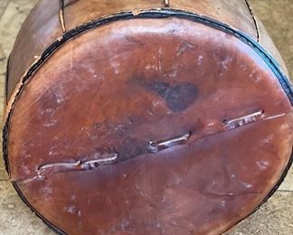 Vintage Hand Tooled Saddle Leather Peruvian Pouf Ottoman Hassock with Handle 10in H x 21in diameter