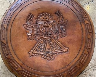 Vintage Hand Tooled Saddle Leather Peruvian Pouf Ottoman Hassock with Handle 10in H x 21in diameter