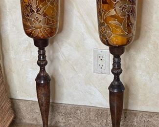 2pc Candle Stands Glass & Metal 31in H