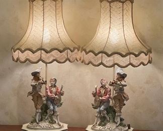 2pc Antique Porcelain Figural Lamps PAIR 31in H x 16in Diameter
