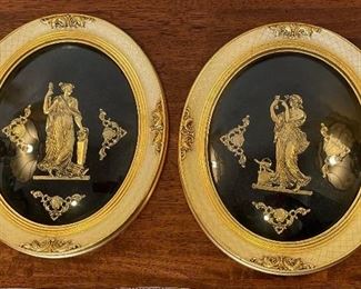 2pc Antique Convex framed Figural Cameo PAIR 12x10.5in