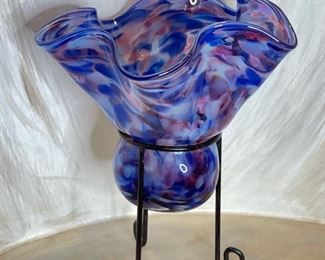 Garcia Art Glass Pedestal Vase 8in H x 6.5 in Diameter