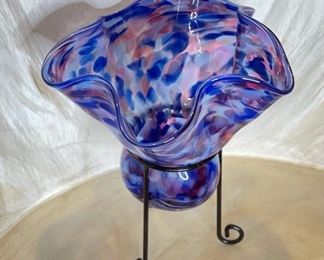 Garcia Art Glass Pedestal Vase 8in H x 6.5 in Diameter