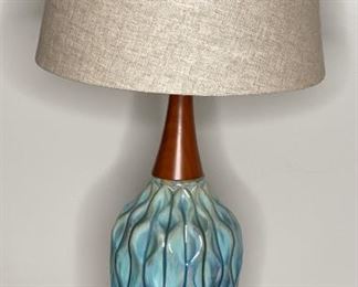 Contemporary Ceramic & Wood Lamp Turquoise 31H x14in diameter