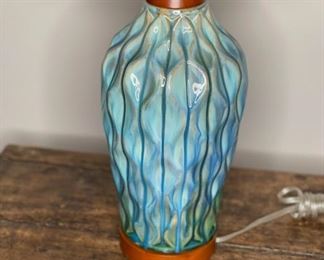 Contemporary Ceramic & Wood Lamp Turquoise 31H x14in diameter