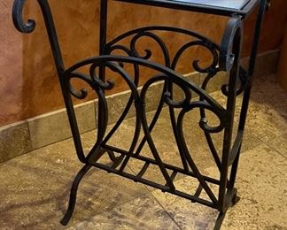 Wrought Iron Glass Top Side Table/Magazine Rack 24x16x16in HxWxD