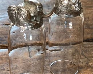 2pc Stirrup Cup Pewter & Glass PAIR Elephant & rhinoceros 5.5in H x 1.75in diameter at top