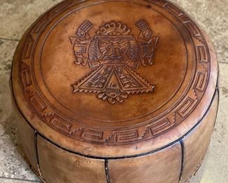 Vintage Hand Tooled Saddle Leather Peruvian Pouf Ottoman Hassock with Handle 10in H x 21in diameter