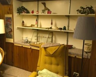 Vintage recliner, collectibles, floor lamp