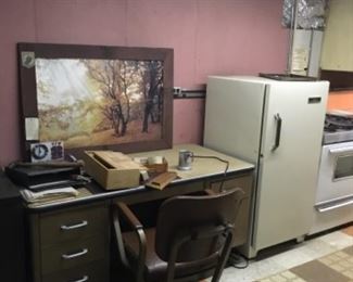 Picture, freezer, chair, desk