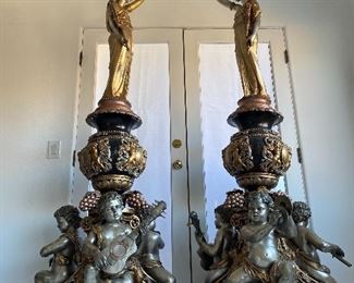 Pair of bronze lamps cherubs and goddesses 