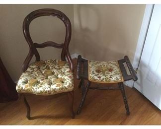 Antique Fabric Covered Chair and Bench
