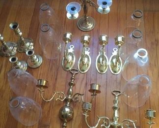 Assorted Brass Wall Sconces and Candlesticks