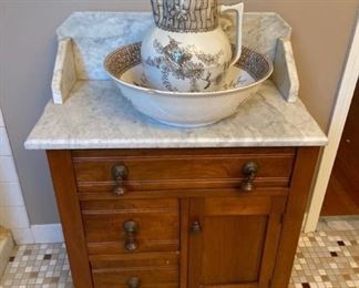 Antique Washstand, Pitcher, and Basin