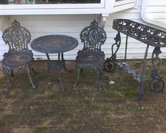 Cast Iron Bistro Set and Plant Stand