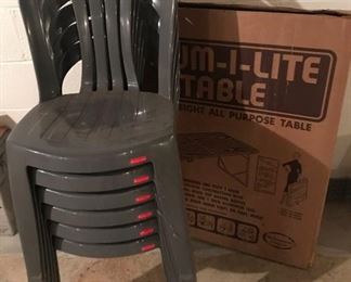 Six Rubbermaid Chairs and Folding Table