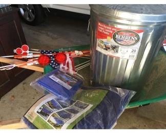 Wheelbarrow, Driveway Stakes, Steel Garbage Can