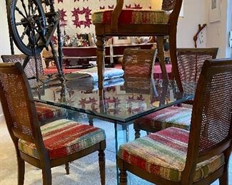 CONTEMPORARY GLASS TABLE, UPHOLSTERD DINING CHAIRS