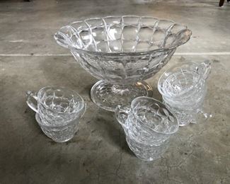 Vintage Fosteria-style glass punch bowl with six cups