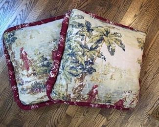 Set of two custom made pillows in tapestry fabric with red trim measures 20" x 20"